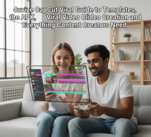 Two content creators using a digital interface, representing the 4uvize CapCut Viral guide for templates and video editing.