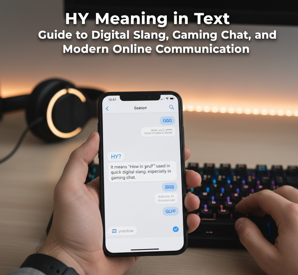 A hand holding a smartphone showing a chat interface, explaining the HY meaning in text within a gaming context.