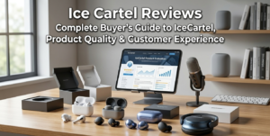 A wooden desk setup showing diverse gaming audio gear next to a tablet with Ice Cartel Reviews analytics displayed.