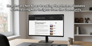 A monitor displays the Hearthstats Net News homepage on a desk with a keyboard, mouse, and Hearthstone memorabilia.
