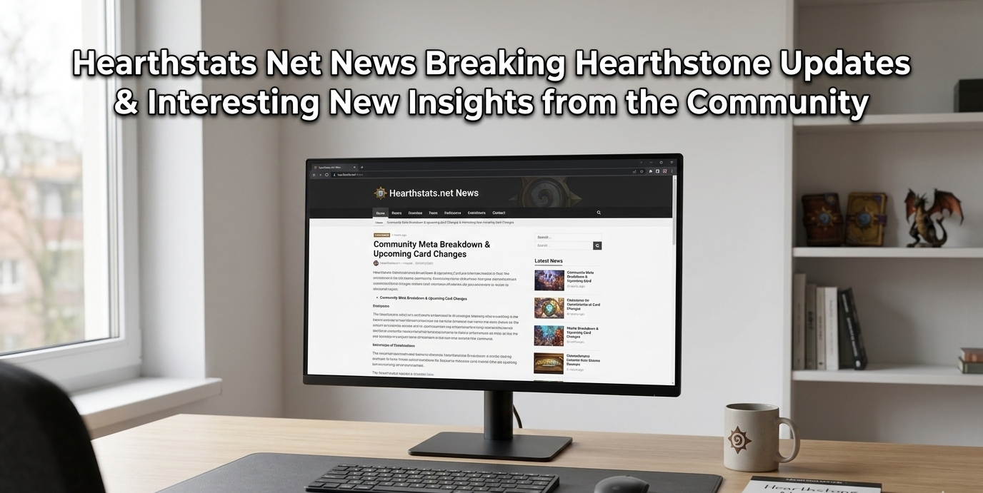 A monitor displays the Hearthstats Net News homepage on a desk with a keyboard, mouse, and Hearthstone memorabilia.