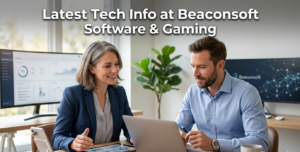 Two professionals discussing Latest Tech Info at Beaconsoft while looking at a laptop in a bright, modern office.