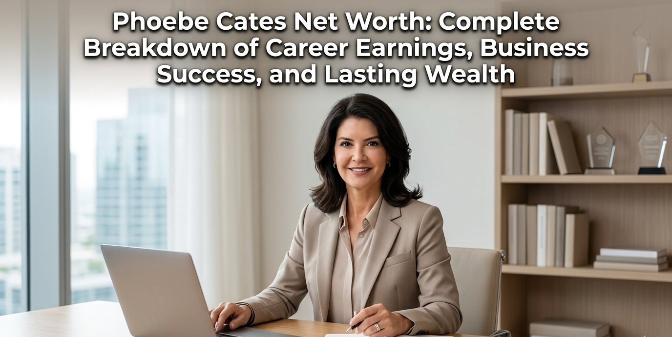 A professional woman smiles at a desk with a laptop and notebook, with Phoebe Cates Net Worth text.
