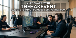 Gamers wear headsets, sit at PCs, and talk during Multiplayer Event TheHakEvent in a modern, professional gaming arena.