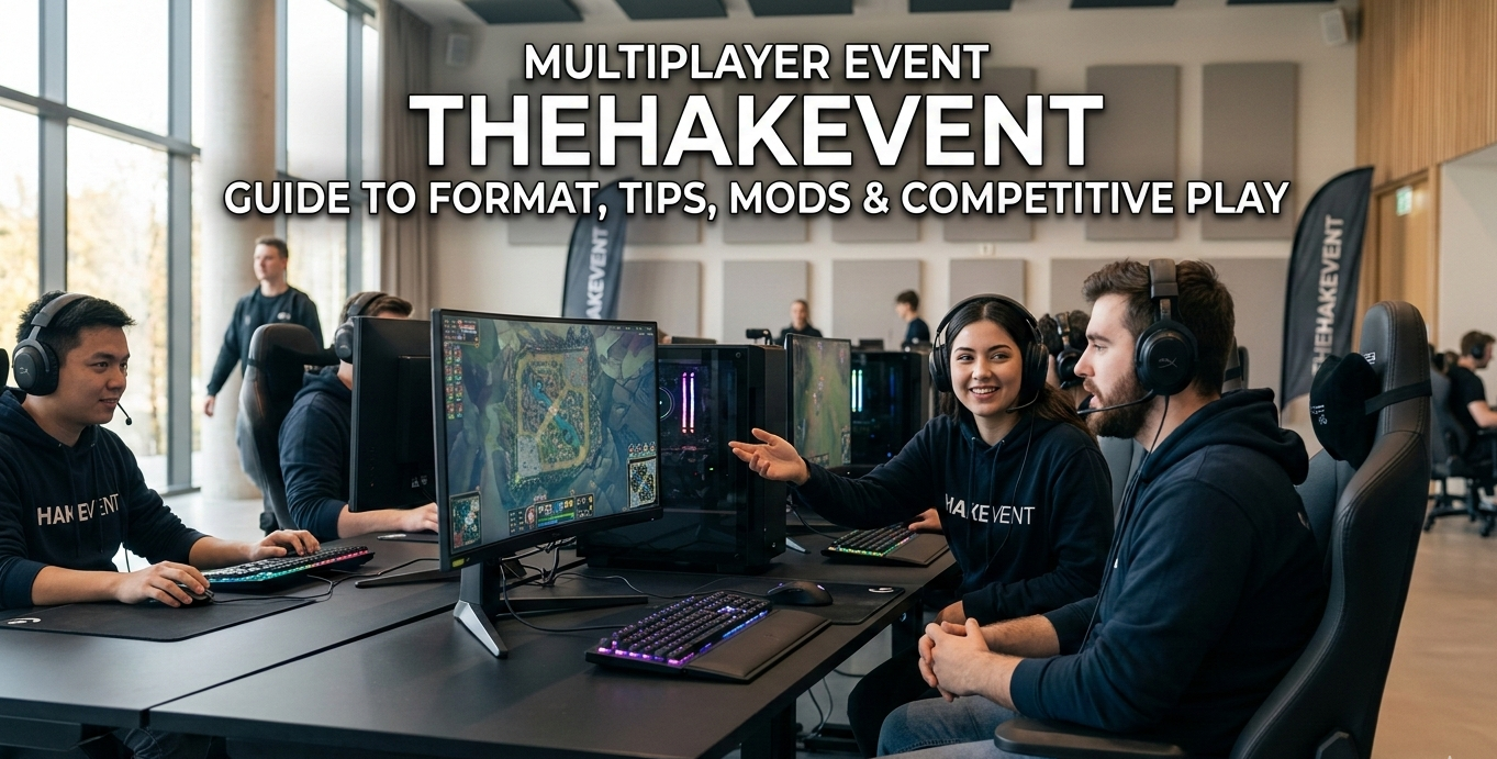 Gamers wear headsets, sit at PCs, and talk during Multiplayer Event TheHakEvent in a modern, professional gaming arena.