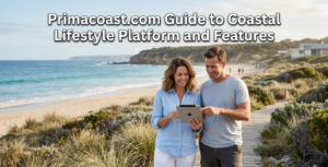 A couple smiling at a tablet on a coastal path, featuring text for the Primacoast.com Guide to Coastal Lifestyle.
