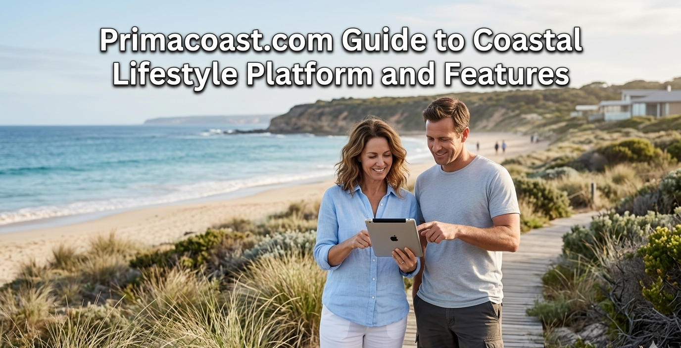 A couple smiling at a tablet on a coastal path, featuring text for the Primacoast.com Guide to Coastal Lifestyle.