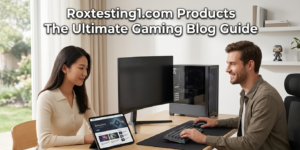 Two people at a desk with a PC and tablet featuring the Roxtesting1.com Products title for a gaming blog guide.