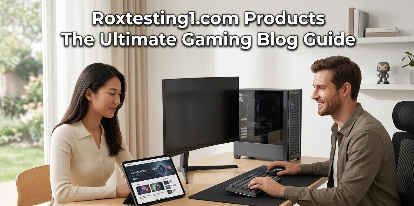 Two people at a desk with a PC and tablet featuring the Roxtesting1.com Products title for a gaming blog guide.