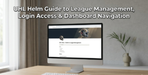 A monitor displays the UHL Helm platform guide, login, and dashboard navigation instructions for league management.