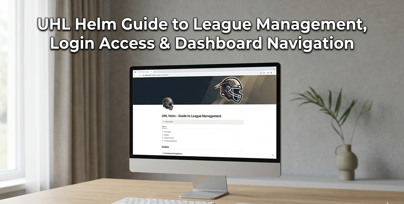 A monitor displays the UHL Helm platform guide, login, and dashboard navigation instructions for league management.