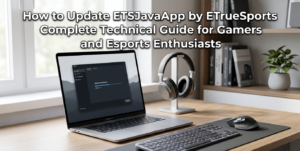 A clean desk setup with a MacBook Pro showing an app interface, headphones, and keyboard. How to Update ETSJavaApp by ETrueSports.