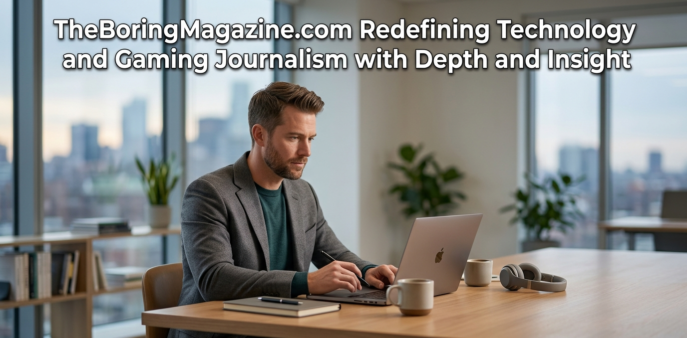 Professional journalist writing gaming reviews for TheBoringMagazine com on a laptop in a modern city office.